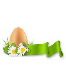 Image showing Traditional Easter egg with flowers daisy, grass and ribbon, cop