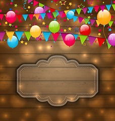 Image showing Colorful balloons, hanging flags on wooden texture, place for yo