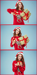 Image showing Girl dressed in santa hat with a Christmas gifts