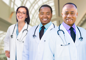 Image showing Female and Male Caucasian and African American Doctors in Hospit