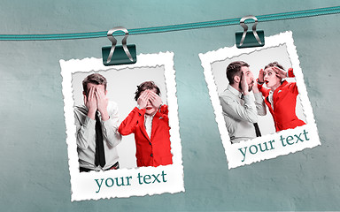 Image showing The young couple with different emotions during conflict