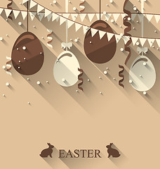 Image showing Easter background with chocolate eggs, serpentine and bunting fl
