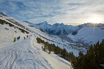 Image showing Skiing slopes, majestic Alpine landscape