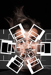 Image showing Man is looking scared. Over gray background. Collage