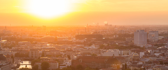 Image showing Panoramic aerial view over Berlin in romantic colorful sunset.