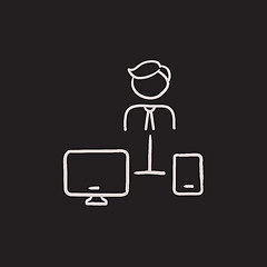 Image showing Man linked with computer and phone sketch icon.