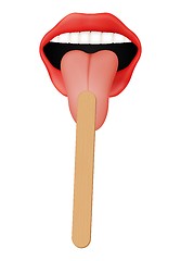 Image showing human mouth with wooden tongue depressor