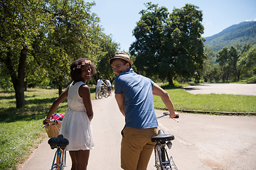 Image showing Young  couple having joyful bike ride in nature