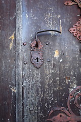 Image showing Lock and door handle on of the old the front door