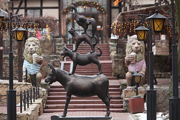 Image showing statue  donkey, dog, cat and cockerel