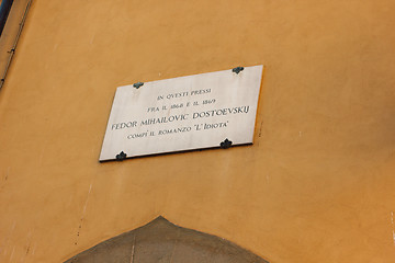 Image showing FLORENCE, ITALY - September 23, 2016: The plate on the house where the greatest Russian writer Fyodor Dostoevsky lived.