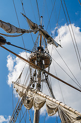 Image showing Mast with sails of an old sailing vessel