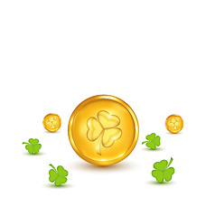 Image showing Clovers and coins with shadows on white background for St. Patri