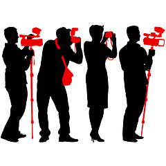 Image showing Cameraman with video camera. Silhouettes on white background. 