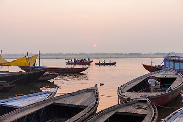 Image showing Boats on the River Ganges at dawn