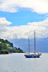 Image showing Blue sailboat in Nordheimsund