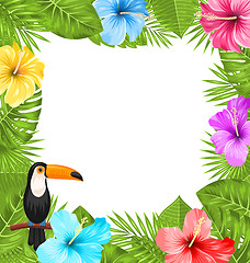 Image showing Exotic Jungle Frame with Toucan Bird, Colorful Hibiscus Flowers Blossom