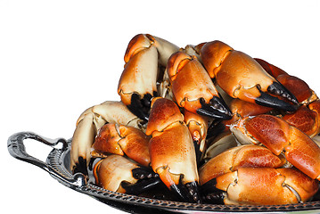 Image showing Pile of fresh boiled crab claws on a silver tray, isolated on wh