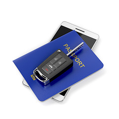 Image showing Car key, passport and smartphone