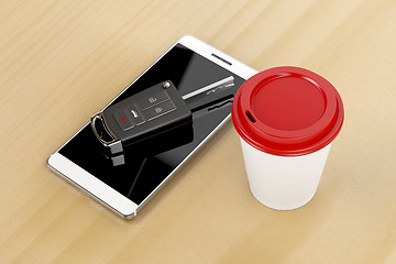 Image showing Smartphone, car key and coffee 