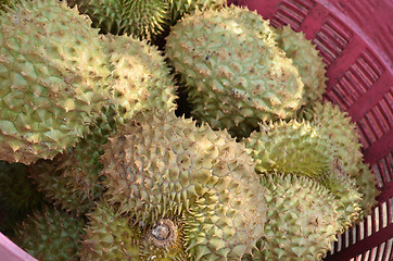 Image showing Group of durian in the market.