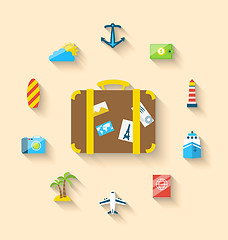 Image showing Flat set icons tourism objects and equipment with suitcase, long