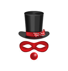 Image showing Accessories for clown - hat, mask, red nose are isolated on whit