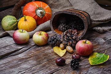 Image showing Autumn harvest of apples and pumpkins