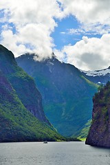 Image showing Naeroyfjord and a small ferry