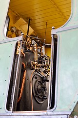 Image showing Controls of a steam locomotive, boiler and gauges