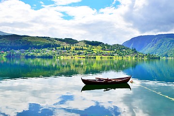 Image showing Beautiful fjord with a rowboat