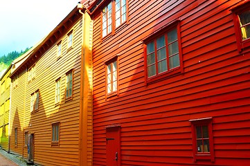 Image showing Yellow and red houses in Bryggen, Bergen, Norway