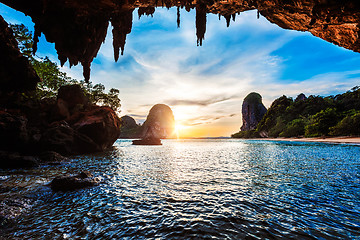 Image showing Sunset on Pranang beach. Railay , Krabi Province Thailand