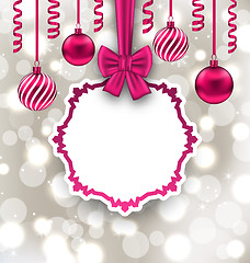 Image showing Christmas Paper Card with Bow Ribbon and Balls