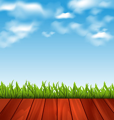 Image showing Freshness spring green grass and wood floor 