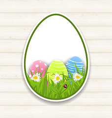 Image showing Easter paper sticker eggs with green grass and flowers 