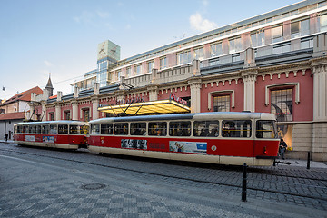 Image showing Tram behind shopping center Palladium in christmas