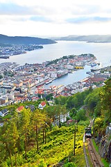 Image showing Bergen view from Floyen, cable car tracks.