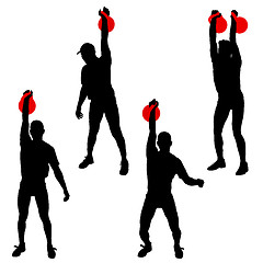 Image showing Set silhouette muscular man holding kettle bell.  illustration.