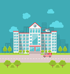 Image showing City Hospital Building with Ambulance in Flat Style. Cityscape