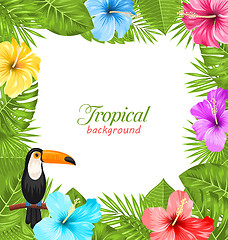Image showing Tropical Background with Toucan Bird, Colorful Hibiscus Flowers