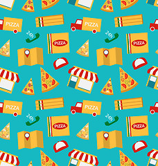 Image showing Seamless Pattern with Slices of Pizza and Colorful Icons Service of Delivery of Pizza