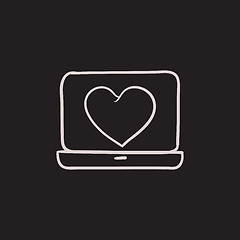 Image showing Laptop with heart symbol on screen sketch icon.