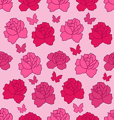 Image showing Seamless Texture with flowers Roses and Butterflies, Pink Romant