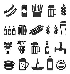 Image showing Black Icons of Beer and Snacks Isolated on White Background
