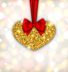 Image showing Shimmering Golden Heart with Red Silk Ribbon