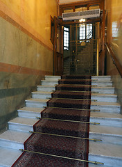 Image showing entry steps to old hotel building  antique elevator Stockholm Sw