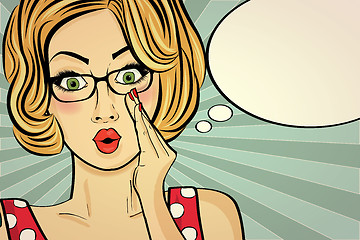 Image showing Surprised pop art woman  . Comic woman with speech bubble. Pin u