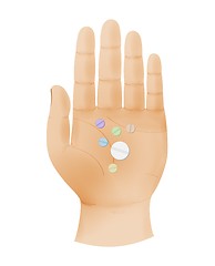 Image showing human hand shows five fingers and palm with pills