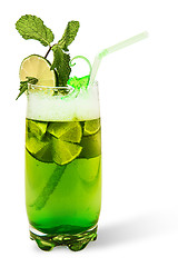 Image showing Geen cooler cocktail with drinking straw on white background isolated, clipping mask